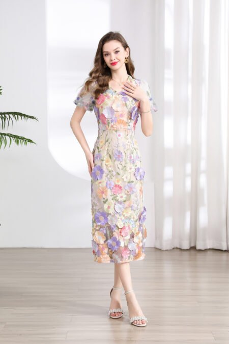 Women Elegant Embroidery Elegant Puffed Sleeve Dress V Neck Slit Dress