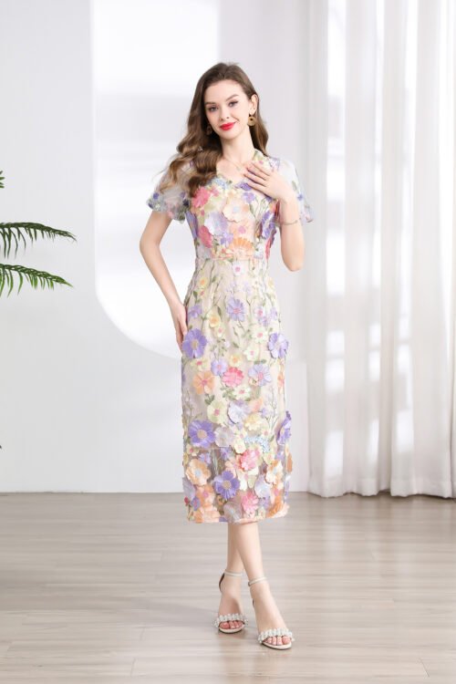 Women Elegant Embroidery Elegant Puffed Sleeve Dress V Neck Slit Dress