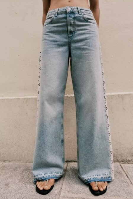 Women Clothing Spring Autumn Crochet Stitching High Waist Wide Leg Jeans