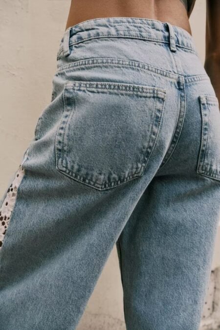 Women Clothing Spring Autumn Crochet Stitching High Waist Wide Leg Jeans