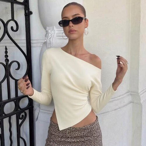 Women Summer Simple Shoulder Stretch Slim Fit Slit Long Sleeve T-Shirt Top