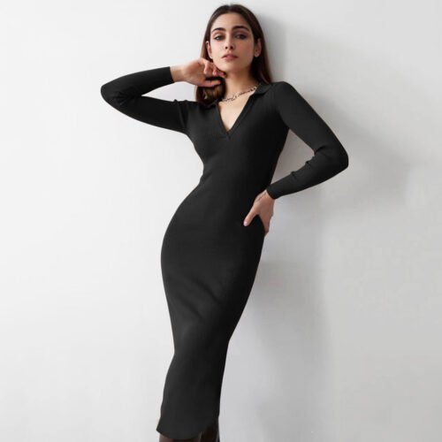 Autumn Winter Women Clothing Midi French Sexy Deep V Plunge Collared Slimming Dress