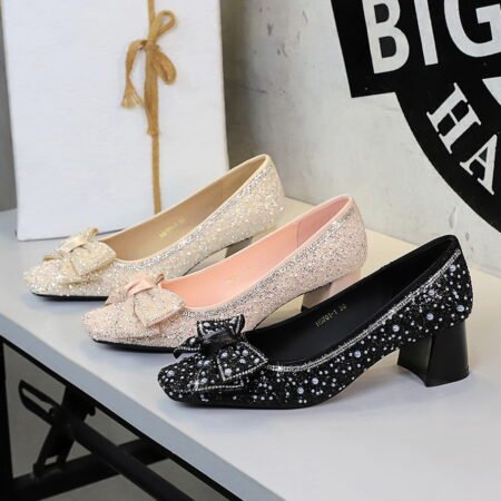 Sequin Rhinestone Bow Mid Heel Dress Shoes