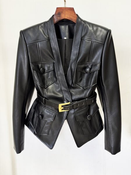 Early Autumn Star Series Belt Slim Fit Leather Jacket Coat