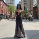 Women Clothing Summer Sexy Vacation Polka Dot Floral Print Slit Slim Strap Dress