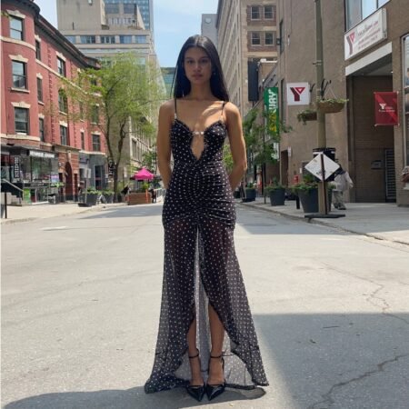 Women Clothing Summer Sexy Vacation Polka Dot Floral Print Slit Slim Strap Dress