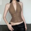Summer Women Clothing Sexy V neck Halter Spaghetti Straps Vest Mesh Pleats Top for Women