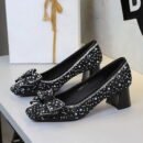 Sequin Rhinestone Bow Mid Heel Dress Shoes