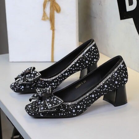 Sequin Rhinestone Bow Mid Heel Dress Shoes