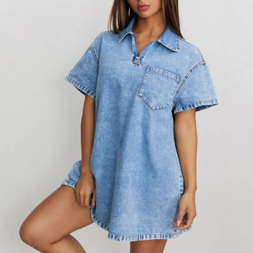 Ladies Dress Spring Summer Women Clothing Polo Collar Loose Denim Dress