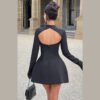 Autumn Winter Elegant Backless Round Neck A-Line Solid Color Slim Fit Long Sleeve Dress