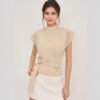 Simple Half Turtleneck Collar Short Sleeve Creamy White Fabric Waist Tight Matching Button Women Top