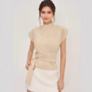 Simple Half Turtleneck Collar Short Sleeve Creamy White Fabric Waist Tight Matching Button Women Top