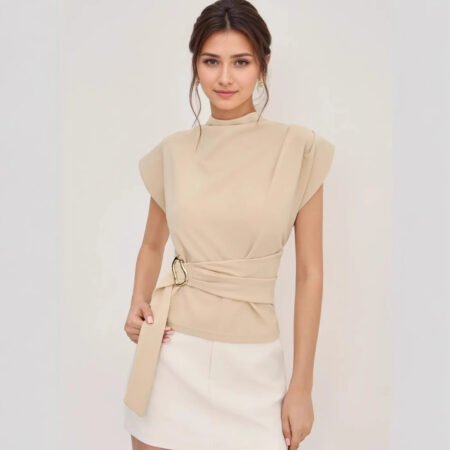 Simple Half Turtleneck Collar Short Sleeve Creamy White Fabric Waist Tight Matching Button Women Top