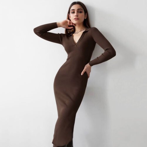 Autumn Winter Women Clothing Midi French Sexy Deep V Plunge Collared Slimming Dress
