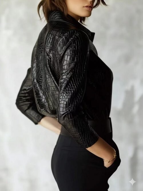 Women Clothing Long Sleeve Shirt Glossy Serpentine Faux Leather Top Autumn Winter