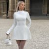 Autumn Winter Elegant Backless Round Neck A-Line Solid Color Slim Fit Long Sleeve Dress