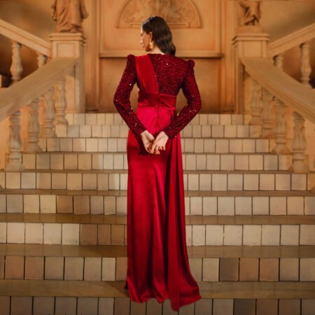 Women Clothing Premium Long Sleeve Round Neck Cocktail Fishtail Sequin Evening Dress