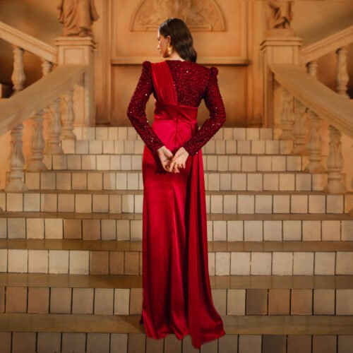 Women Clothing Premium Long Sleeve Round Neck Cocktail Fishtail Sequin Evening Dress