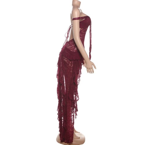 Women Clothing Summer Lace Sexy Slim Fit Tied Hollow Out See Through Irregular Asymmetric Tube Top Dress