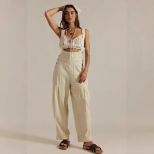 Women Loose Casual Side Pocket Sleeveless Denim Suspender Pants