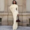 Autumn Winter Women Clothing Elegant Slim Solid Color Round Neck Waist Trimming Pleated Long Sleeve Dress for Women