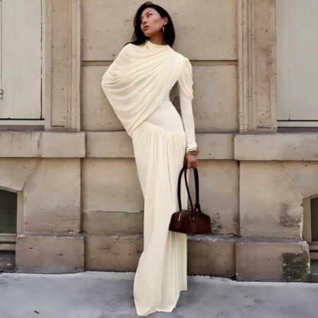 Autumn Winter Women Clothing Elegant Slim Solid Color Round Neck Waist Trimming Pleated Long Sleeve Dress for Women