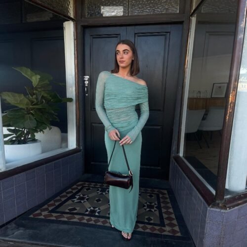 Diagonal Collar Mesh Sheer Long Sleeve T-shirt