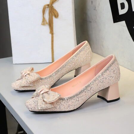 Sequin Rhinestone Bow Mid Heel Dress Shoes