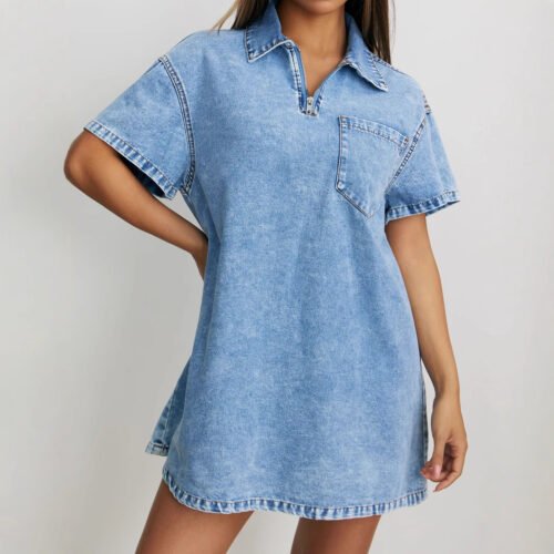 Ladies Dress Spring Summer Women Clothing Polo Collar Loose Denim Dress