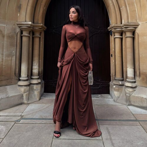 Redefine fall glamour with our High Collar Cutout Maxi Dress, designed for women who love to make an entrance.