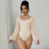 Autumn Sexy Elegant Retro Jumpsuit Close Fitting Long Sleeve Solid Color Square Collar Mesh Jumpsuit