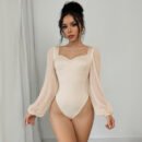 Autumn Sexy Elegant Retro Jumpsuit Close Fitting Long Sleeve Solid Color Square Collar Mesh Jumpsuit