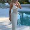Spring Women Halter Low Cut Backless Knitted Hollow Out See-Through Dress