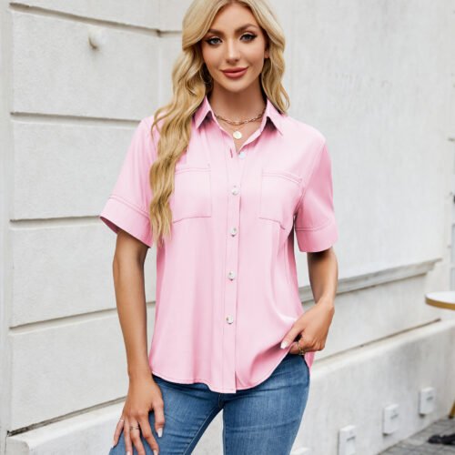 Embrace an effortless vibe with this charming, denim-look short-sleeve shirt. Its relaxed, loose fit and classic single-breasted design make it the perfect versatile piece for a chic, comfortable spring or summer style.