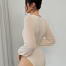Autumn Sexy Elegant Retro Jumpsuit Close Fitting Long Sleeve Solid Color Square Collar Mesh Jumpsuit