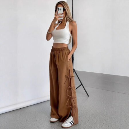 Bow Side Contrast Drawstring Sports Casual Pants