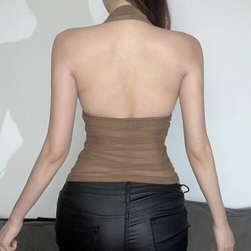 Sexy V‑Neck Halter Mesh Pleated Spaghetti Strap Top