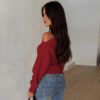 Women Summer Simple Shoulder Stretch Slim Fit Slit Long Sleeve T-Shirt Top