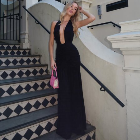 Summer Women Clothing Solid Color Sexy Mesh Stitching Deep V Plunge neck Halter Tied Dress