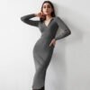 Autumn Winter Women Clothing Midi French Sexy Deep V Plunge Collared Slimming Dress