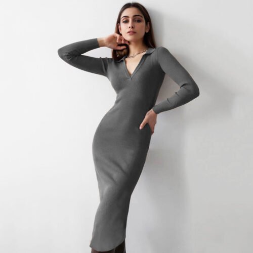 Autumn Winter Women Clothing Midi French Sexy Deep V Plunge Collared Slimming Dress
