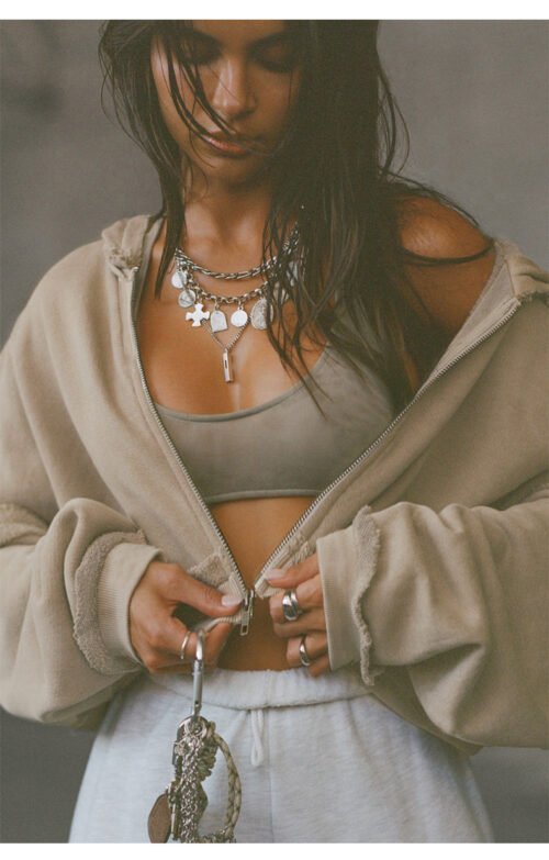 Autumn Winter Distressed Cropped Hooded Sweater