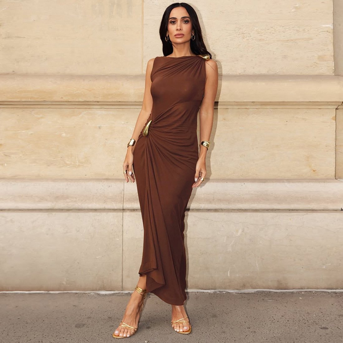 Women Clothing Summer Sexy Slim Metal Decorative Sheath Sleeveless Dress