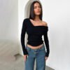 Autumn Casual Solid Color T shirt Sexy off Shoulder off Shoulder Long Sleeve Top Women