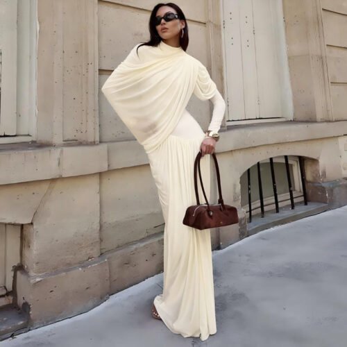 Autumn Winter Women Clothing Elegant Slim Solid Color Round Neck Waist Trimming Pleated Long Sleeve Dress for Women