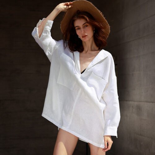 Pure Linen Long Sleeve Dress Casual Vacation Beach Overskirt Deep V Plunge Neck Loose Profile Shirt Dress