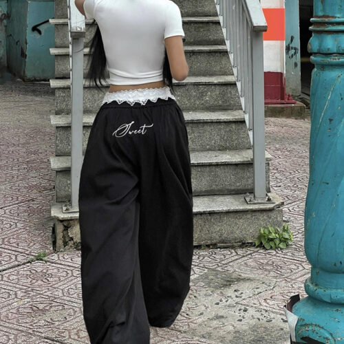 Contrast Stitching Wide Leg Mopping Trouser