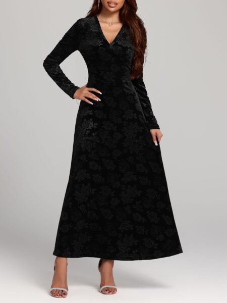 Autumn Winter Sexy V Neck Long Sleeve Maxi Pleuche Dress Women