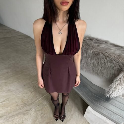 Women Clothing Fall Sexy V Neck Low Cut Halter Backless Faux Leather Stitching Dress